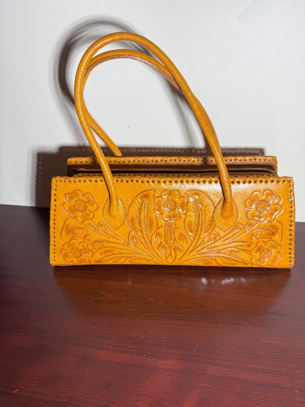 Alexis David Yellow Tooled Embossed Leather Handbag Purse Large Whipstitch NEW